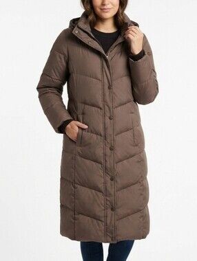 TOMMY HILFIGER Brown Longline Hooded Puffer Down Feathers Coat Jacket Size Large